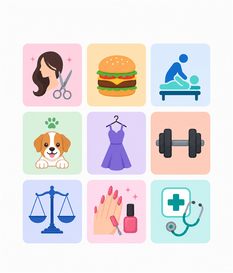 Grade ilustrada com nichos de pequenos negócios atendidos pelo formulário wizard